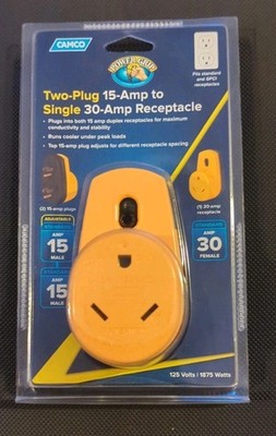 BRAND NEW Camco Two-Plug 15-AMP to Single 30-Amp Receptacle - New In Package 