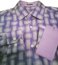 Bugatchi Uomo Men's Dress Shirt Purple Plaid Flip Cuffs L/S Classic Fit