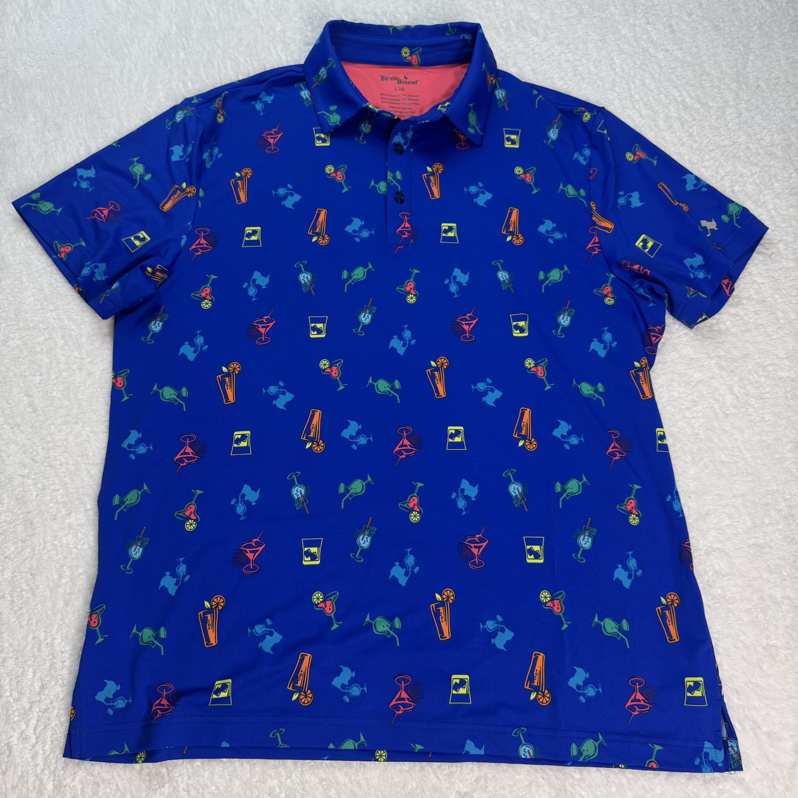 Birdie Bound Men's LargeGolf Polo Shirt Stretch Performance Blue Bar Cocktail