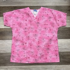 Scrub H.Q. Top Women  s Sz Small Short Sleeve V-Neck Pink Flowers Positive Words