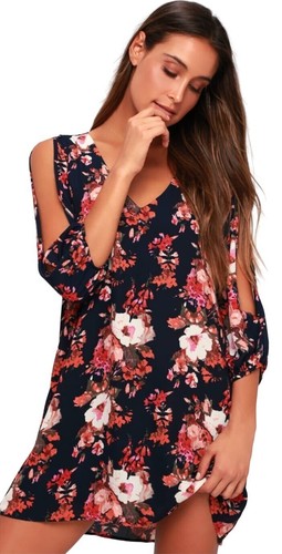 Lulus Shifting Dears Navy Blue Floral Print V-Neck Dress Small
