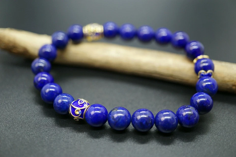 Браслет с бисером лазурит посеребренный с золотом и эмалью ручной работы 8 мм - Изображение 2 из 4