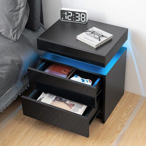 LED RGB Nightstand Bed Side Table Night Stand 2 High Gloss Drawers Bedroom Desk - Picture 9 of 11