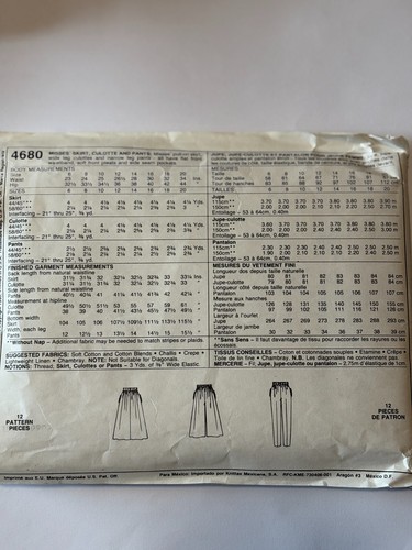 New Uncut FF Misses Size 14 Skirt, Culotte & Pants Sewing Pattern, McCall's 4680 - Picture 2 of 2