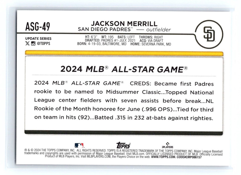 2024 Topps Update 2024 AllStar Game ASG49 Jackson Merrill RC San Diego Padres eBay
