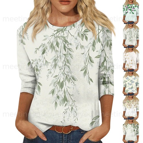 Ladies Round Neck Women's Print Summer Tops Blouse Casual 3/4 Sleeve T Shirt @
