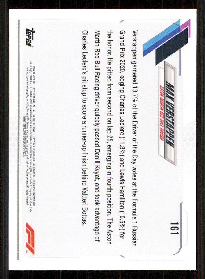2021 Topps Formula 1 #161 Max Verstappen/Drive of the Day - Image 2 of 2