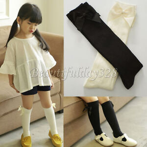 Kids Girls Plain Knee High School Cotton Rich Socks With Bow Ribbon 3 Pairs