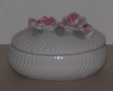 Vtg covered oval 3.75" trinket dish bowl jewelry box white pink rose floral ~H