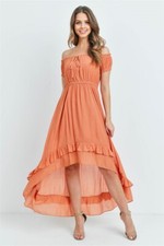 Dusty Orange Cold Shoulder Maxi Dress Size Medium High Low Ruffled Summer Travel