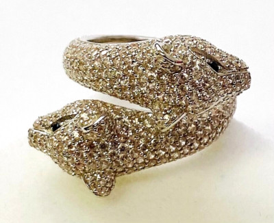 HSN Colleen Lopez Sterling Silver White Zircon Gemstone Double Panther Ring SZ 6