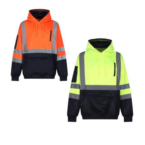 Hi Vis Viz Hoodie High Visibility Hoody Men Pullover Pouch Pocket Workwear - Picture 1 of 13