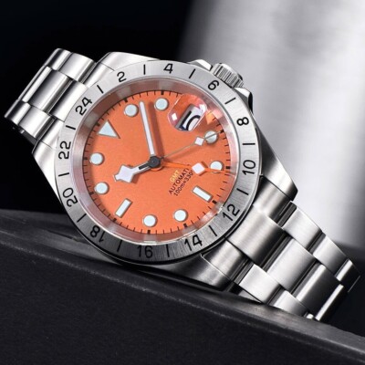 200M Water Resistant Dive Automatic Watch Men Orange NH34 GMT Steel Bracelet