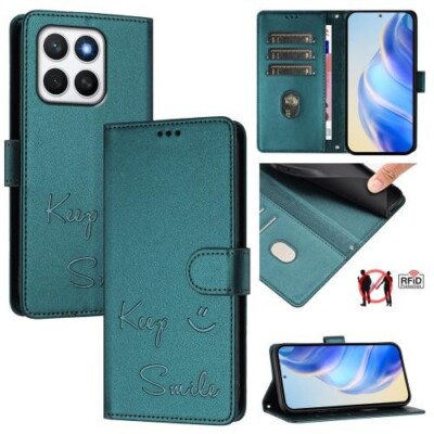 For Honor X8c 0.1oz Global Smile Embossing Leather Wallet Rfid Phone Case Cover