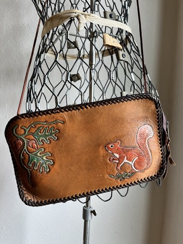 Vintage Tooled Leather Squirrel Purse Oak Acorn Whipstitch Folk Art Crossbody