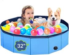 PUPTILY Foldable Dog Pool – 32" x 8" Collapsible Pet Swimming Tub with Drain