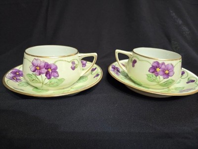 2 Vintage Nippon Tea Cups & Saucers Hand Painted Violets 