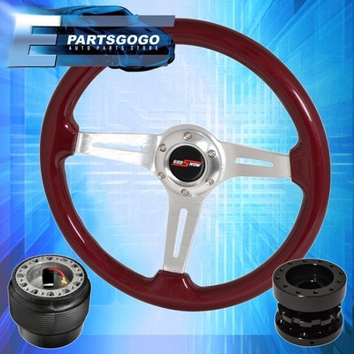 Red Wood Deep Dish Steering Wheel + Black Extender + Adapter For 89-05 Eclipse