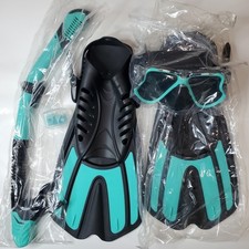 New Snorkel Set Dive Mask Fins Snorkel Tube Bag Earplugs Teal Black US 9-13