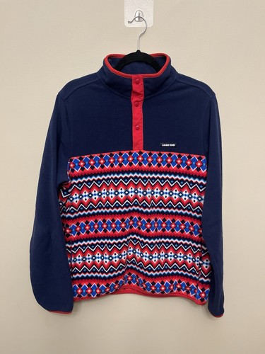 Lands' End Heritage Fleece Snap Neck Pullover Unisex Medium 38-40 Red White Blue