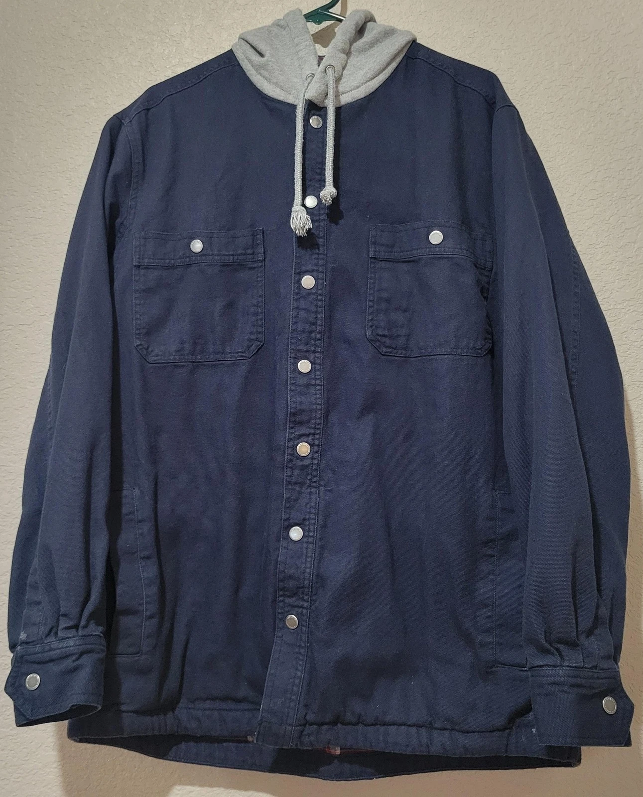 Duluth Trading Co Jacket Mens Large Navy Hooded Plaid Lined Snap Front Workwear