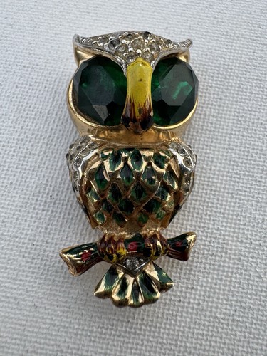 Corocraft Pin Brooch / Fur Clip Hoots Owl Green Rhinestone Eyes ~ Single Duette