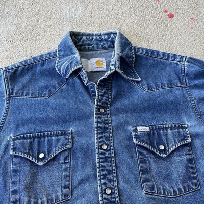 Vintage Carhartt Long Sleeve Pearl Snap Denim Shirt Large Workwear