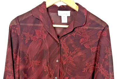 Rena Rowan Vintage Burgundy Floral Burnout Blouse Sheer Button Up Shirt - Size 8