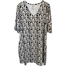 Lulu-B XL UPF 50 Black Tan Geometric Palm Print V-Neck Short Sleeve Tunic Dress