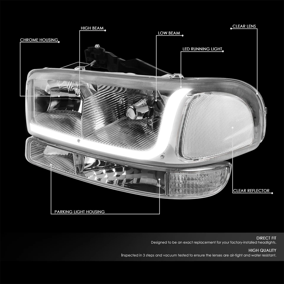 PARA 99-07 GMC SIERRA/YUKON LED DRL FARÓIS TRANSPARENTES CROMADOS COM LÂMPADAS DE SINALIZAÇÃO PARA-CHOQUES - Imagem 2 de 4