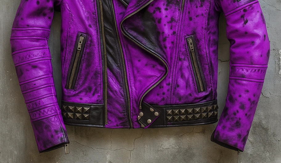 Jaqueta de couro roxa cravejada punk masculina - Casaco de motociclista gótico com espiga - Imagem 4 de 4