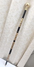 Black Wooden Walking Cane Globe Handle Brass Gold Floral Design 3 Piece Stick