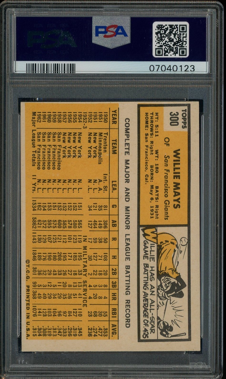 1963 Topps #300 Willie Mays San Francisco Giant HOF PSA 8 NM-MT view 3