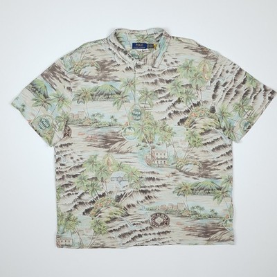 Polo Ralph Shirt Allover Print Polo Shirt 2XB Big Tall Beach Palm Hotel Hawaiian