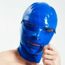 Blue Latex Hood Eyes Zippers Mouth Zipper Rubber Mask for Fetish BDSM 0.4mm US
