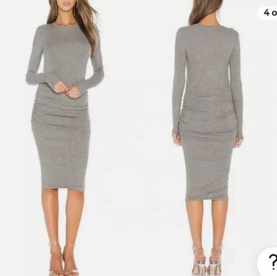 ATM Ribbed Bodycon Midi Dress XS Gray Long Sleeve Ruched Capsule Cocktail Chic