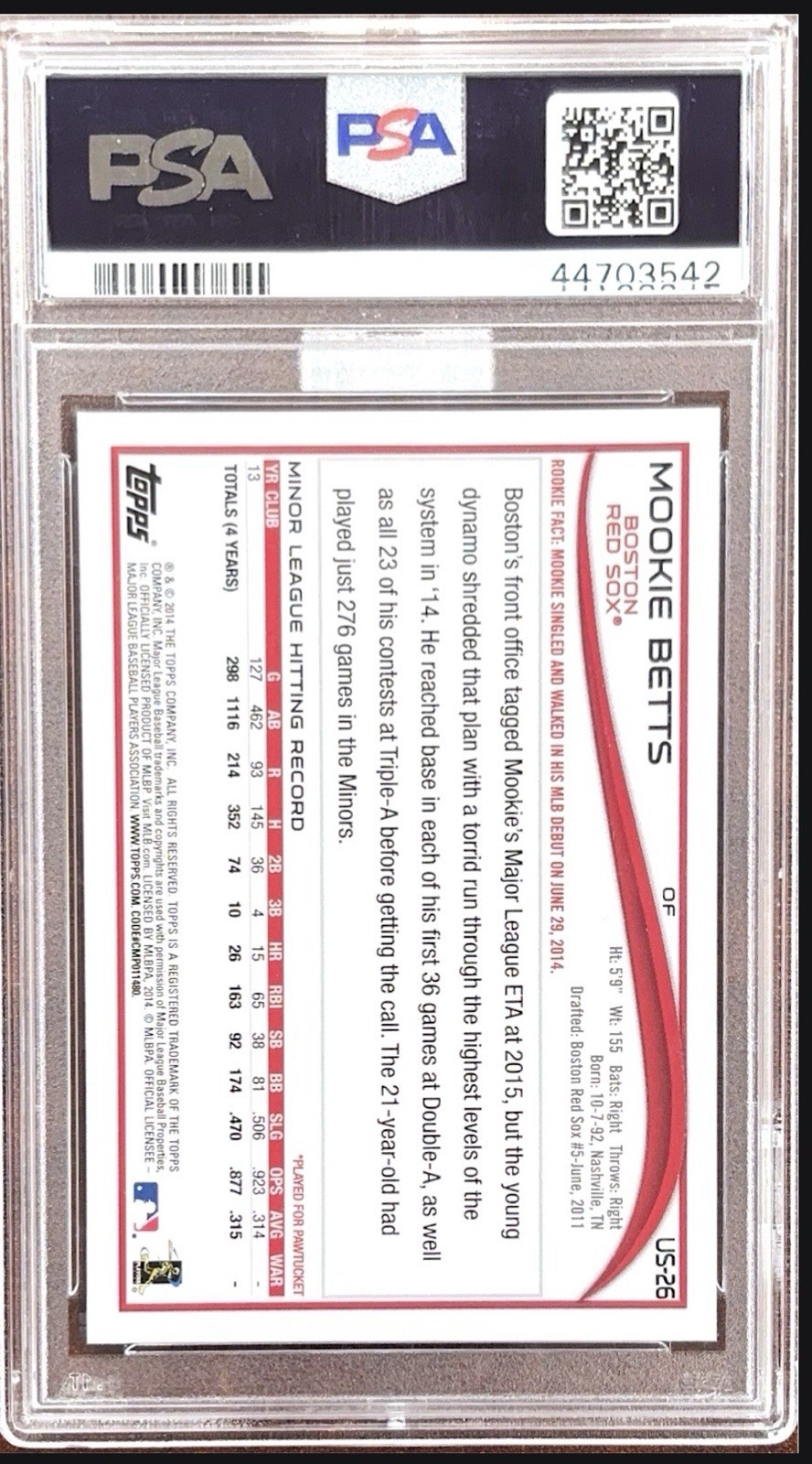 Topps 2014 Update Mookie Betts RC Blue W/M Border #US-26 PSA 10 view 2