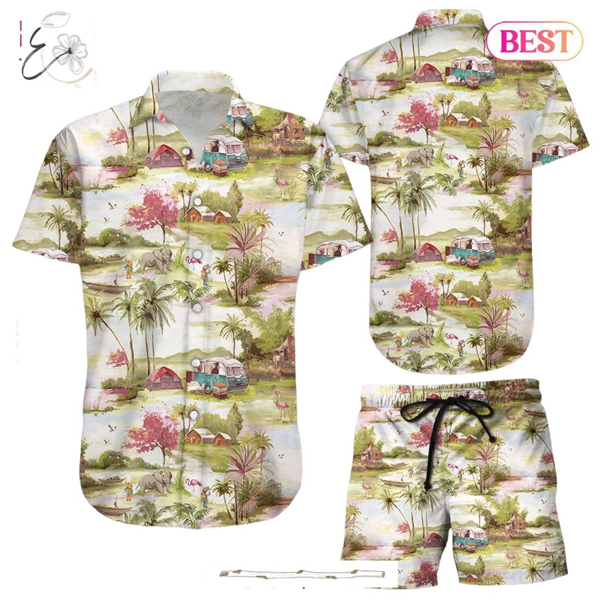 Camping Hawaiian Shirt Camping Vilage Sunset Button Down Shirts Best Gift For Su