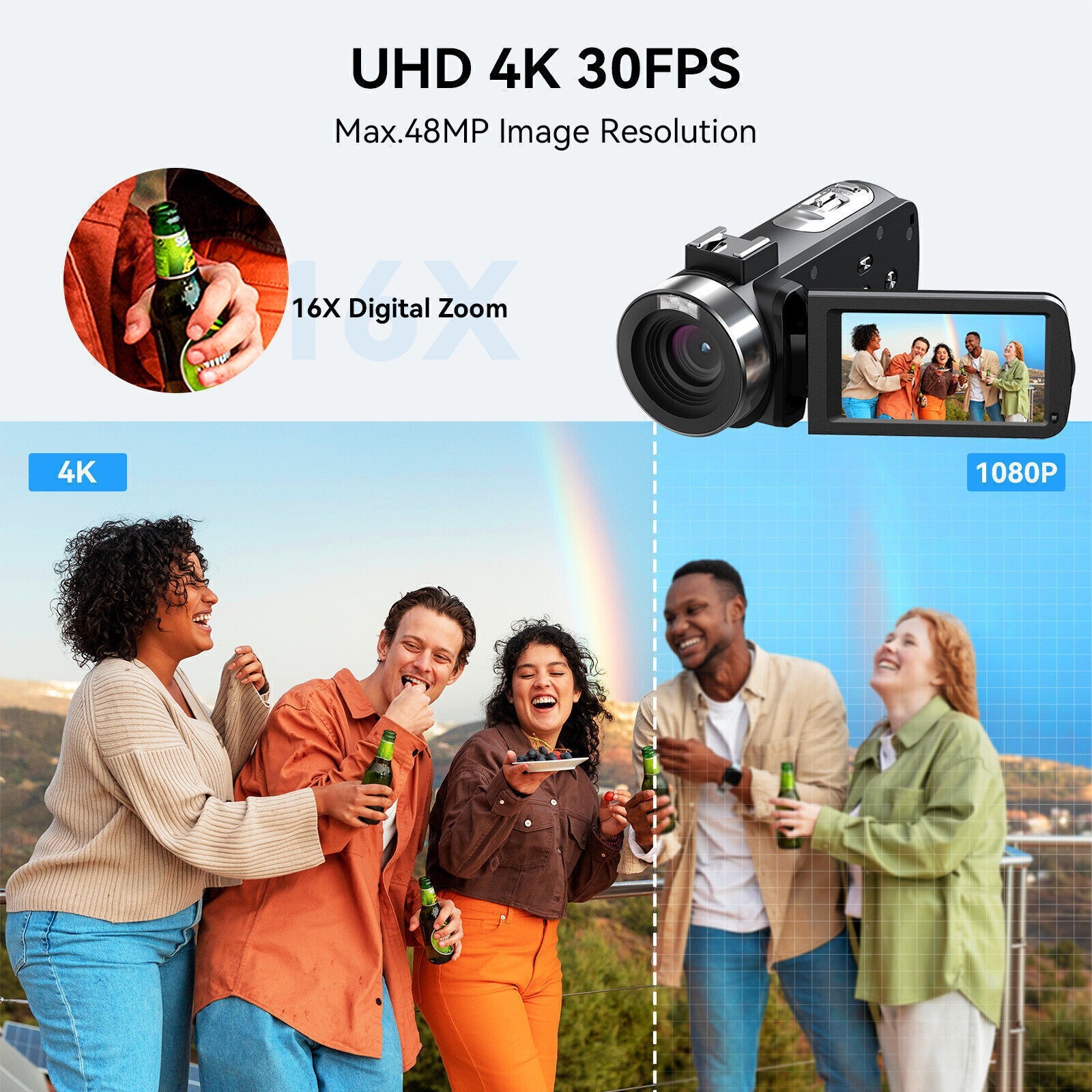 UHD 4K 48MP Videokamera Camcorder WLAN Nachtsicht 3 Zoll 270 Drehbarer Kamera