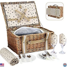 Willow Picnic Basket Set for 2 - Insulated Cooler & Waterproof Blanket Hamper