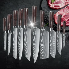 10 PCS Kitchen Knives Set Stainless Steel Laser Damascus Chef's Knife Cleaver