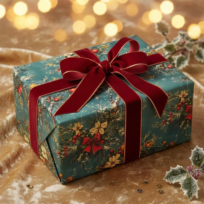 Papel de envolver clásico de Navidad - Envoltura de regalo navideño vintage verde y rojo Foto 4 de 4