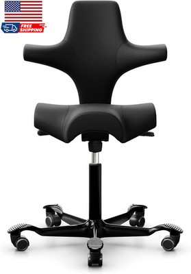 Capisco Adjustable Sit to Stand Desk Chair Black Frame Leather Black Seat NEW