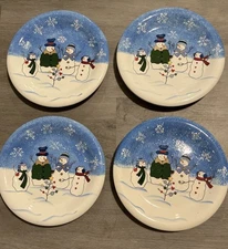 St. Nicholas Square BUTTON UP Dinner Plate/Salad Plate Set 4Pc Snowman Family