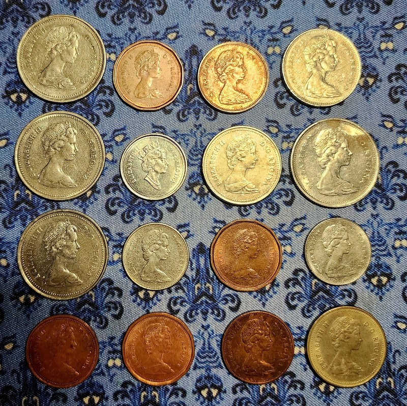 Lot Of 16 Canadian Quarters, Dimes & Pennies 1960, 68, 72, 73, 76, 78, 80s & 90s