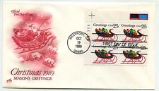 2428 Christmas 1989 Sleigh, ArtCraft plate block, PB4, FDC