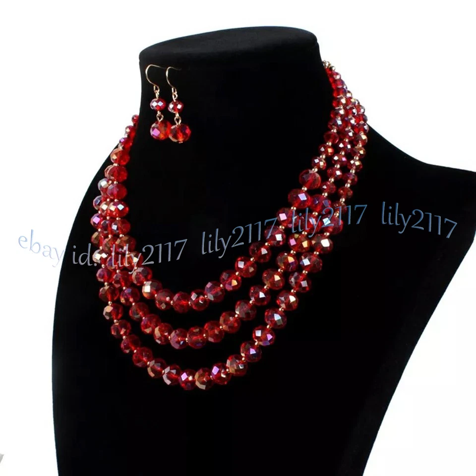 Conjunto de aretes collar cuentas rondelle cristal rojo facetado 3 filas para mujer Foto 2 de 4
