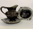 HULL USA Pottery Brown Green Drip Eagle Pitcher and Bowl, & Berry Bowl. 3 Pieces