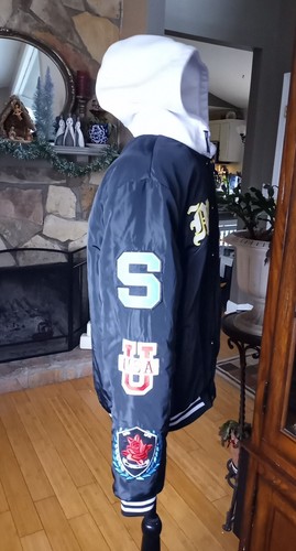 BooHoo Man Varsity Jacket Black, White Hoodie Patches, Embroidery Men's Small - Picture 4 of 18