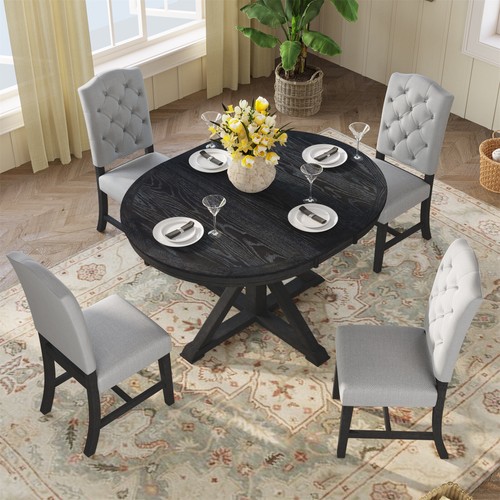 5 Piece Wood Dining Set Furniture Extendable Table with 4 Upholstered Chairs - Picture 5 of 24